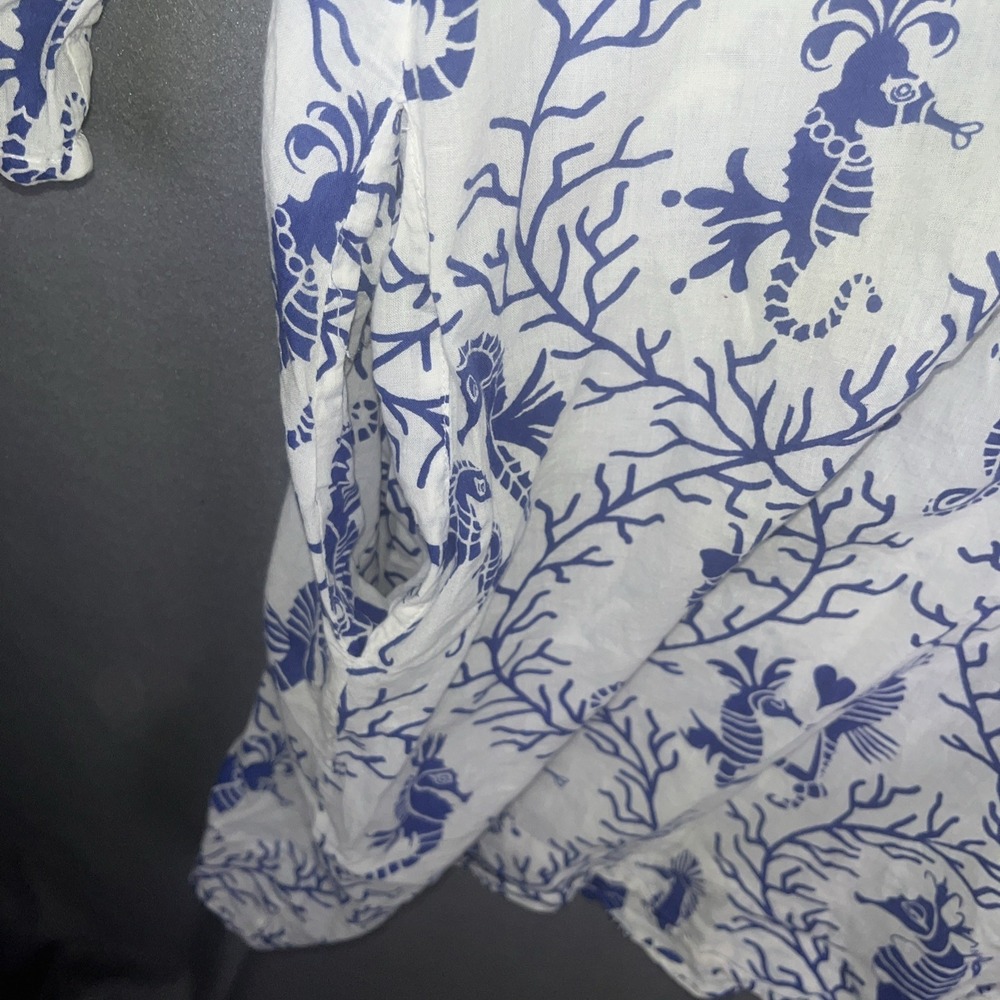 Gretchen Scott Blouse Coastal Beach Coverup Seahorses Blue Comfy Women's S - Picture 4 of 6